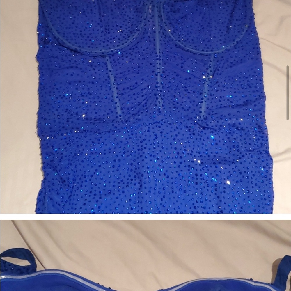 NWT Fashion Nova Royal Blue Rhinestone Crystal Sexy Sheer Mini Dress Jewel Tone - Picture 5 of 6